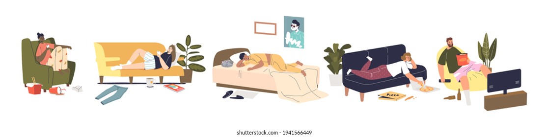 Set of cartoon characters relaxing during weekend at home sleeping, surfing internet and watching tv. Lazy weekend recreation concept. People having rest. Flat vector illustration