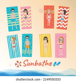 Set of cartoon characters relaxing and sunbathing at the beach, summer vacation concept 