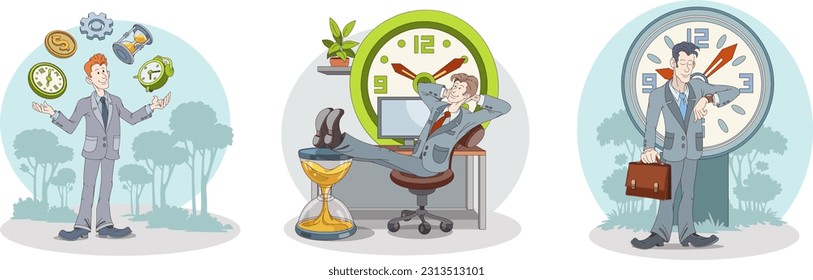 Set of cartoon characters resting after work. Time management concept. Male in office clothes standing near clocks and looking at time. Getting job done on time. Flat vector illustration