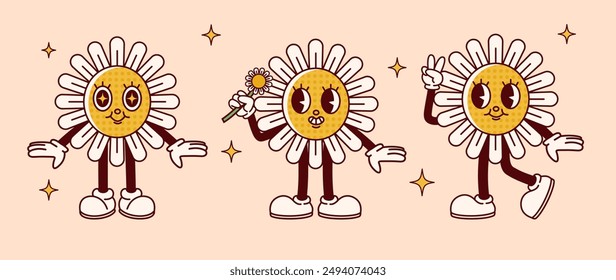 Set of cartoon characters in retro style, comic flower. Flat vector illustration.