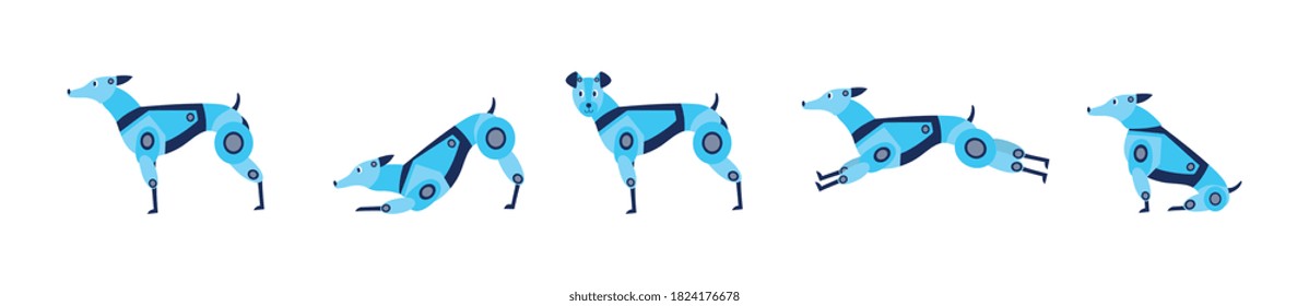 Set cartoon characters of robot dog standing and running, flat vector illustration isolated on white background. Mechanical robotic machine in the form of a dog.