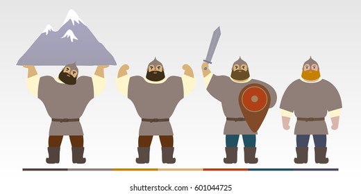 A set of cartoon characters Russian warriors. Fantastic heroes of old national legends. Characters of slavic tales and epic. A sample from the thematic collection for design. Vector illustration EPS10