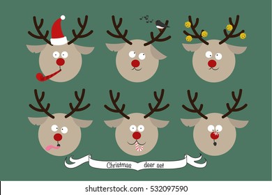 Set of cartoon characters santa's deers.