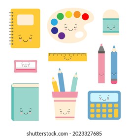 Set of cartoon characters of school supply items with happy faces
