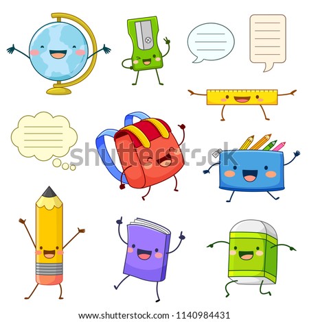 Set of cartoon characters of school supply items with happy faces