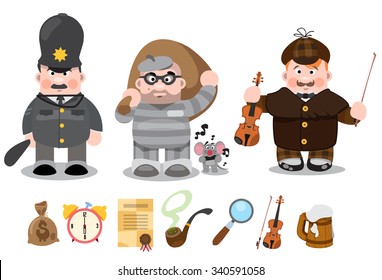 Set of cartoon characters, Sherlock Holmes, thief, policeman