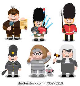 Set of cartoon characters: Sherlock Holmes, scotsman, royal guard, policeman, prisoner, judge. England.