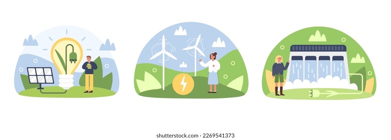 Set of cartoon characters showing alternative sources of energy. Usage of renewable energy such as solar panels, windmills and green electricity. Vector