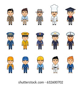 Set of cartoon characters showing diverse occupations. Funny figure of businessman, detective, cook, graduate, postman, driver, police officer, pilot and other occupations. Simple vector illustration