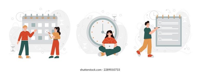 Conjunto de personajes de dibujos animados que muestran un buen rendimiento de productividad. Los jóvenes manejan su horario de trabajo. Eficiencia en los negocios. Logro de los objetivos de carrera. Vector