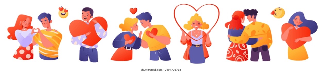 Set of cartoon characters showing their feelings to each other. They hug and kiss. They hold heart symbol in their hands, hug it. Manifestation of love, feelings, concept of goodness, care, charity