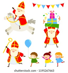 Set of cartoon characters of Sinterklaas with happy kids 