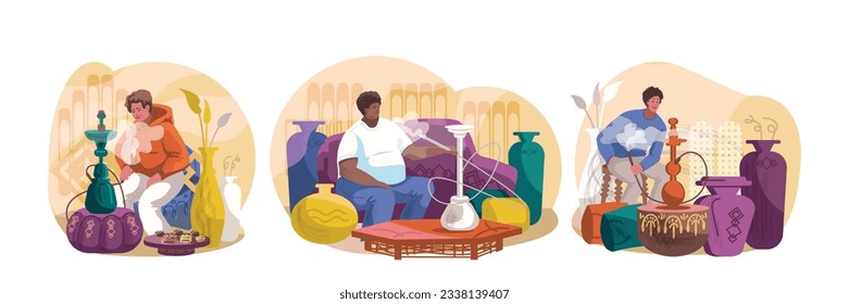 Set of cartoon characters sitting in pub and smoking. Traditional oriental, Asian leisure concept. Diverse people relaxing in lounge zone. Flat vector illustration in cartoon style