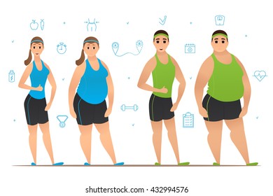 Set of cartoon characters with slim physique and with thick body. Weight loss before and after workouts. Vector illustration. Collection of sport icons.