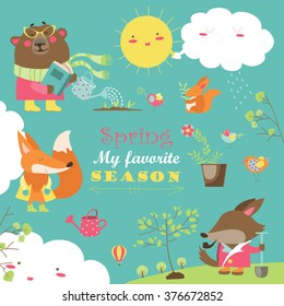 Set of cartoon characters and spring elements