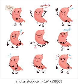 Set of cartoon characters stomach. Collection of Cute human internal organ with different emotions, caricature, animation. Vector illustration