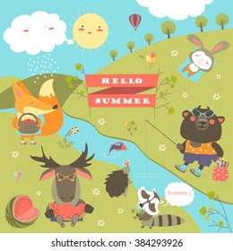 Set of cartoon characters and summer elements