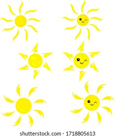 set of cartoon characters of the suns with different patterns of rays cute smiles and winks object on a white background symbol of heat and summer logo for design