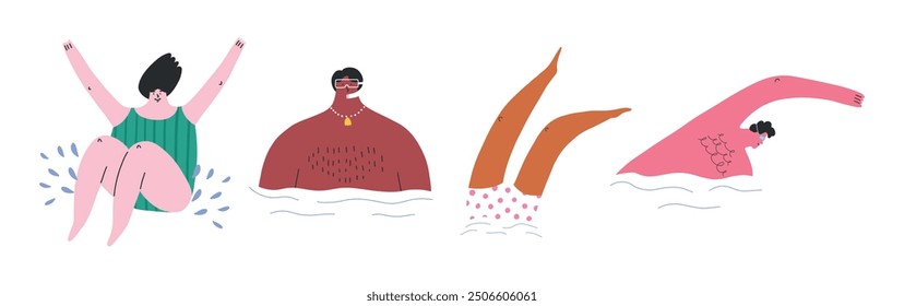 Conjunto de personajes de dibujos animados nadando, Ilustración vectorial plana aislada sobre fondo blanco. Diversas personas buceando, buceando y saltando en el agua. Conceptos de vacaciones de verano y piscina.