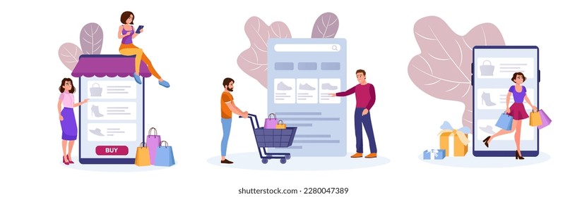 Set von Cartoon-Figuren, die an saisonalen Verkäufen in Online-Shops teilnehmen. Shopping über das Internet. Einkäufe mit mobilen Anwendungen. Große Rabatte und Konsumgesellschaft. Vektorgrafik