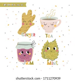 Set of cartoon characters of tea, jam, ginger, mint. Vector illustration. Flat style. Excellent for the design of postcards, posters, stickers and so on.