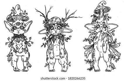 Set of cartoon characters, three fairytale creatures, cute forest mushrooms with big ears and eyes, chubby cheeks and short legs, with vegetation, leaves and branches, with plump belly and wings.  
