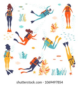 Set of cartoon characters. Underwater divers man and woman with snorkel and mask, vector illustration