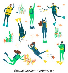 Set of cartoon characters. Underwater divers man and woman with snorkel and mask, vector illustration