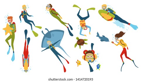 Set of cartoon characters. Underwater divers man and woman with snorkel and mask, vector illustration.