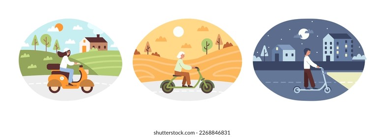 Set of cartoon characters using eco friendly transport. People driving electric vehicles. No toxic gases in city. Modern urban infrastructure. Reducing world energy consumption. Vector