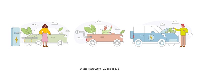 Set of cartoon characters using eco friendly cars in city. People driving electric automobiles. Reducing world energy consumption. Sustainable transportation services. Vector