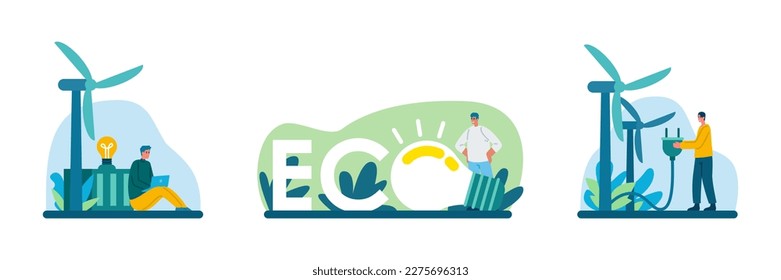 Set of cartoon characters using energy from natural resources. No negative effects of fossil fuels. Consumption of windmills and green electricity. Vector