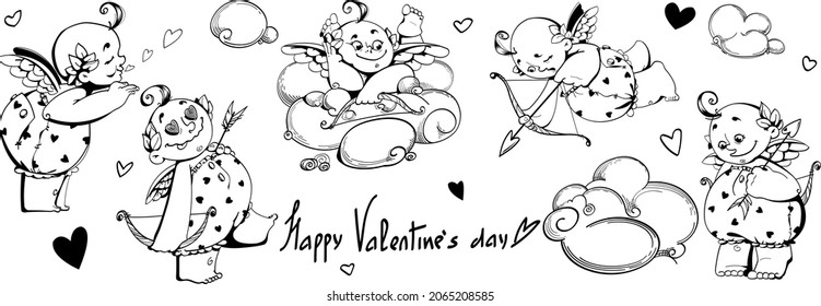 Set of cartoon characters for Valentine's Day. Love god cupid design in doodles style. Mischievous Amur in the clouds and hearts. For posters, print, holiday decoration, tattoo.