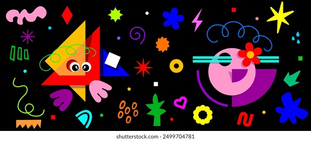 Set of cartoon characters, vector groovy element, cute doodle, flower, thunderbolt, cloud, stars, sparkle. Collection of retro hippie design for sticker, toys and kids. 