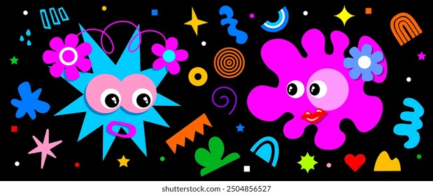 Conjunto de personajes de dibujos animados, elemento groovy Vector, doodle lindo, flor, rayo, estrellas, brillo. Colección de diseño hippie retro para pegatinas, juguetes y niños. Estilo minimalista contemporáneo de moda.
