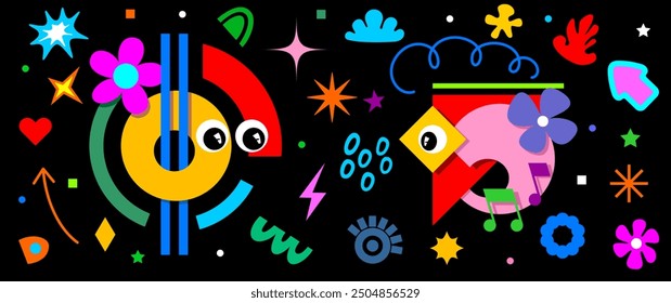 Set of cartoon characters, vector groovy element, cute doodle, flower, thunderbolt, stars, sparkle. Collection of retro hippie design for sticker, toys and kids.Trendy contemporary minimalist style.