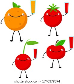 Set of cartoon characters of vegetables and fruits that hold in their hand a glass of fresh juice concept food and drink object on a white background.
