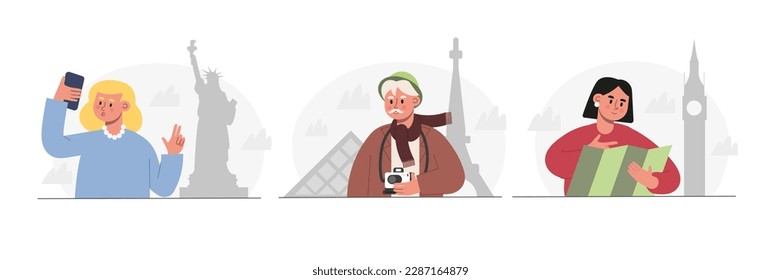Conjunto de personajes de dibujos animados visitando lugares turísticos durante las vacaciones. Grupo de turistas jóvenes y mayores con smartphone, cámara y mapa. Es hora de viajar al extranjero. Vector