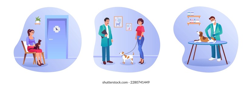 Set of cartoon characters visiting veterinary clinic. Professional doctors curing cute pets. Healthcare services for domestic animals. Process of examining puppy. Vector