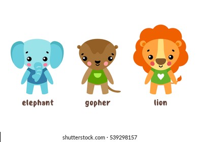 Set of cartoon characters of wild animals in cloth. Jungle elephant with trunk or proboscis, safari lion with mane, happy and smiling gopher. Zoo and animal baby or kids with smiling faces theme