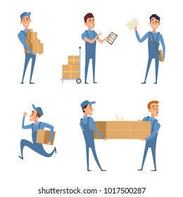 Set of cartoon characters at work of delivery service. Cartoon character worker, courier with package, postman mailman job, vector illustration