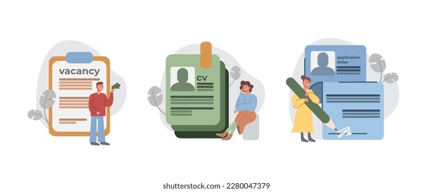 Set of cartoon characters working as hiring managers. Professional headhunting business representatives. People working in recruitment agency. Vector