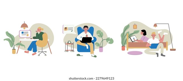 Set of cartoon characters working from modern convenient workplaces. Benefits of remote job. Distant work and telecommuting career. Freelancers, copywriters, and graphic designers. Vector