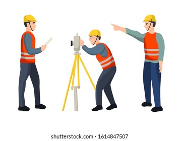 Set of cartoon characters working surveyors isolated on white background. The concept of geodesy. Flat vector illustration.