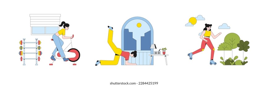 Set of cartoon characters of young athletic people doing workout. Time for sports exercises and morning training. Active and healthy lifestyle. Vector