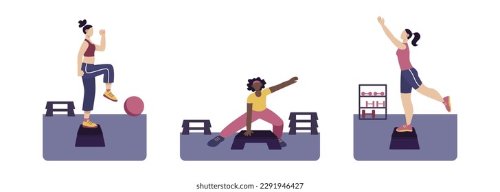 Set of cartoon characters of young athletic people doing sports in gym. Regular physical activity. Morning workout to loss weight. Active and healthy lifestyle. Vector