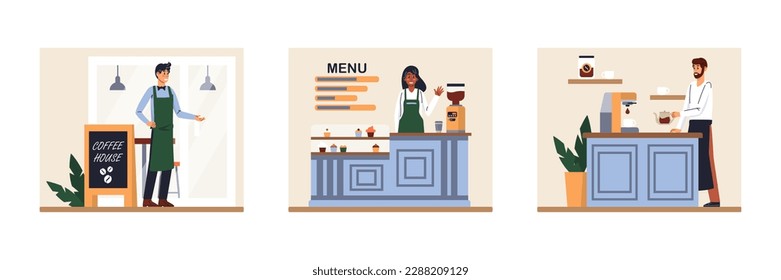 Set of cartoon characters of young baristas making coffee at cafe. Small business ownesr. Professional barista occupation. Coffee shop workers. Vector