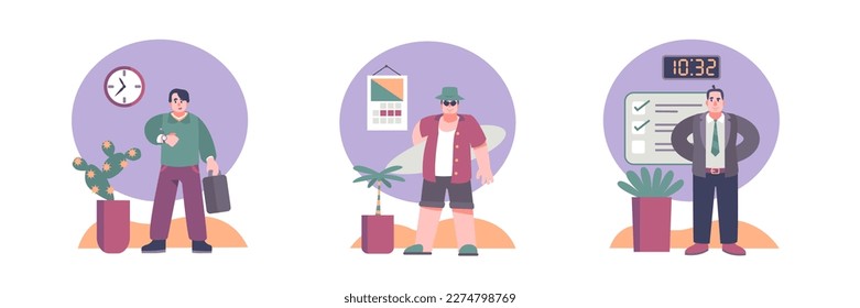 Juego de personajes de caricatura de jóvenes organizando su tiempo. Equilibrio de vida laboral. Proceso de planificación para trabajar y relajar. Gestión eficaz del tiempo. Vector