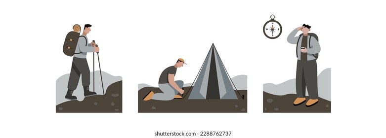 Set of cartoon characters of young men camping during their vacation. Time for hiking alone. Sleeping in tent in forest. Travel equipment and luggage. Vector