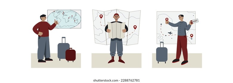 Set of cartoon characters of young men planning their next journey. Preparation for summer vacation trip. Travel agency tour. Tourists and travelers having active recreation. Vector